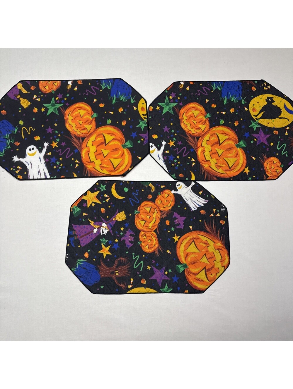 Set of 3 Halloween Placemats  With Pumpkins Ghost Bars And Witches